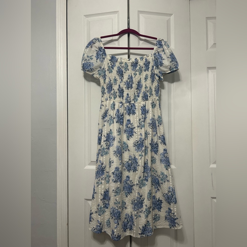 LOFT Blue and White Floral Midi Dress